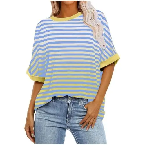 Produktbild: Glitzer Top Damen Party Lockeres, gestreiftes T-Shirt mit Farbverlauf und Rundhalsausschnitt für Damen, Trendiger kurzärmeliger Pullover mit Farbblock Farming Simulator 19 (Yellow, XXL)