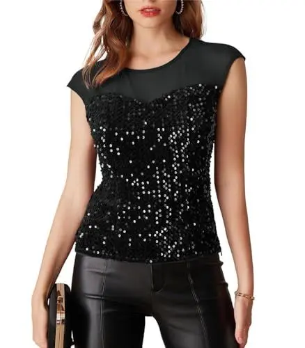 Produktbild: Damen Glitzer Oberteil Elegant Mesh Kurzarm Pailletten Bluse Samt Party Festliches T-Shirt Outfit Sexy Tops L Schwarz