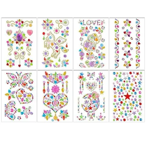 Produktbild: Glitzersteine Selbstklebend Set, 8 Blätter Acryl Sticker Strasssteine Glitzer Basteln Bunt Kristall Aufkleber Verschiedene Formen Diamant für DIY Handwerke Nägel Deko