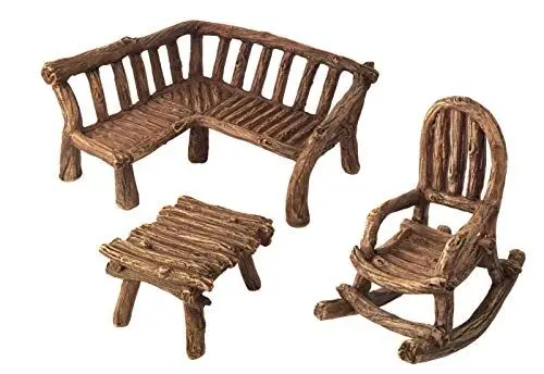 Produktbild: Miniatur Feengarten 3-teiliges Möbel Set: rustikale Holzbank, Schaukelstuhl und Miniatur-Tabelle - Fairy Garden Miniature Furniture
