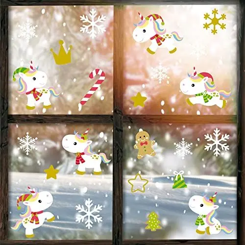 Produktbild: Glitzkind Fensterbilder Weihnachten Einhorn | Weihnachtsdeko Fenster-Sticker Fenster-Deko zu Weihnachten für Kinder Weihnachts-Deko | Dekoration fürs Kinderzimmer Draußen | Winterdeko Fensterdeko
