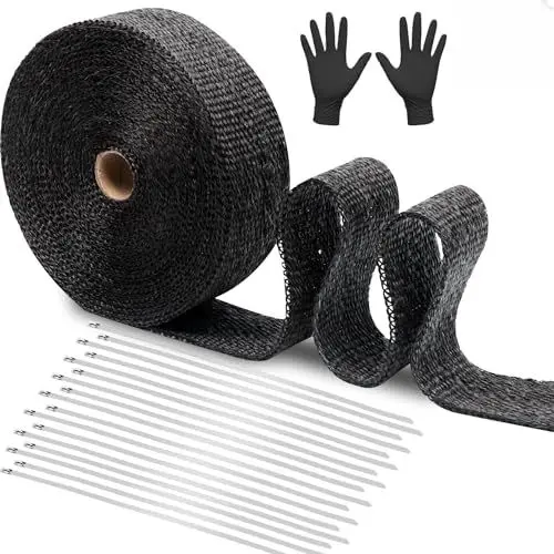 Produktbild: GLKEBY 15M Hitzebeständiger Glasfaser-Auspuff-Wärmedämmstreifen für Motorrad & Auto - Robustes HeatShield-Tape mit Edelstahl-Schnalle, Einfach zu Montieren, Enthält Handschuhe & 17 Flansche