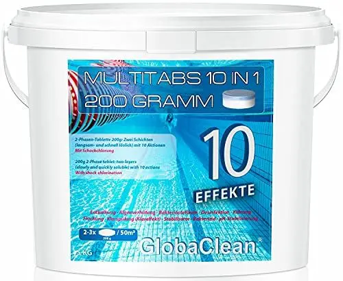 Produktbild: GlobaClean 5 kg Chlor Multitabs 10 in 1 200g | Chlortabletten für Pool | Hochwirksame Poolchemie Poolpflege