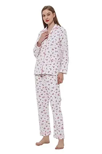 Produktbild: GLOBAL 100% Baumwolle Damen Pyjama Set Floral Langarm Button Down Lady Nachtwäsche Kordelzug Nachtwäsche Atmungsaktiv Weiche Flannel Damen Pjs Set S-XXL