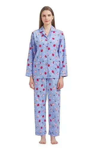 Produktbild: GLOBAL Damen Pyjamaset Baumwolle Schlafanzug Damen Lang Damen Zweiteiliger Nachtwäsche Komfortabel,Blau,Erdbeere,M