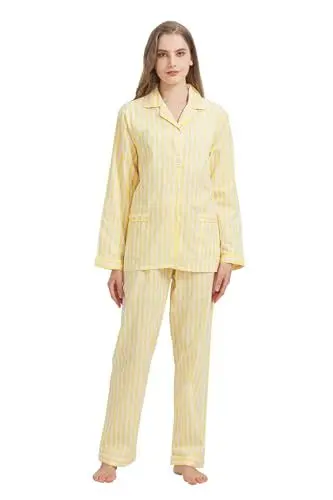 Produktbild: GLOBAL Damen Pyjamaset Baumwolle Schlafanzug Damen Lang Damen Zweiteiliger Nachtwäsche Komfortabel,Gelber Streifen,L