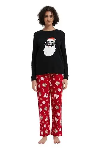Produktbild: GLOBAL Damen Schlafanzüge Flanell Damen Pyjama Set Baumwolle Langarm-Pullover Oberteil und elastische Unterteile mit Kordelzug Weich Bequem Weihnachtskeks-Lebkuchenmänne L