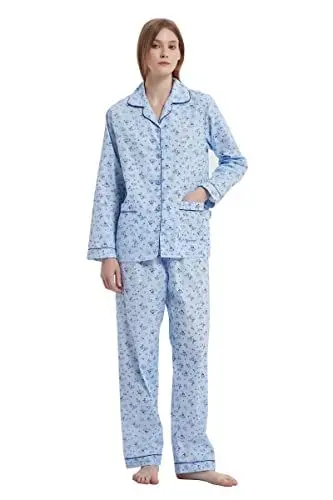 Produktbild: GLOBAL Damen-Pyjama-Set, 100% Baumwolle, Blumenmuster, langärmelig, mit Knöpfen, Nachtwäsche mit Kordelzug, weich und atmungsaktiv, Pyjama-Set für Damen PJS, Niedliche Blaue Blume, 36