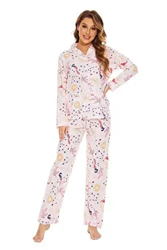 Produktbild: GLOBAL Damen-Pyjama-Set, 100% Baumwolle, Blumenmuster, langärmelig, mit Knöpfen, Nachtwäsche mit Kordelzug, weich und atmungsaktiv, Pyjama-Set für Damen PJS, Glücksvogel, 38