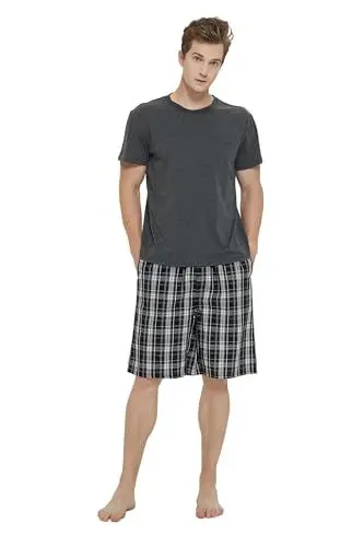 Produktbild: GLOBAL Herren Kurz Pyjama aus Baumwolle,T-Shirt mit Klassischer Karierter Shorts,XXL