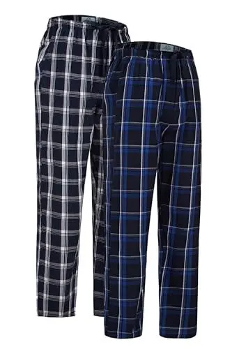 Produktbild: GLOBAL Herren Pyjamahose aus Baumwolle Schlafanzughose 2er-Pack Karierte Hosen Gewebte Elastische Schlafhose mit Kordelzug,Blau,Kariert&Schwarz,Kariert 1,M