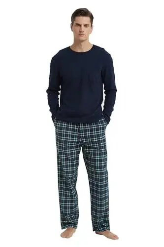 Produktbild: GLOBAL Herren Schlafanzüge Flanell Herren Pyjama Set Baumwolle Langarm-Pullover Oberteil und elastische Unterteile mit Kordelzug Weich Bequem,Grün-Schwarz Karierte Hose,L