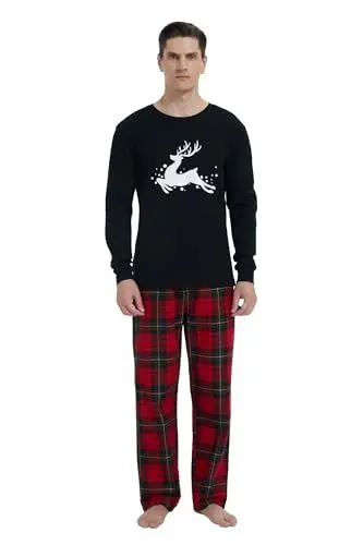 Produktbild: GLOBAL Herren Schlafanzüge Flanell Herren Pyjama Set Baumwolle Langarm-Pullover Oberteil und elastische Unterteile mit Kordelzug Weich Bequem Rot kariert XL