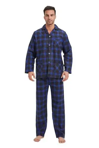 Produktbild: GLOBAL Herren Schlafanzug Flanell Pyjama Set Lang Baumwolle Zweiteilige Nachtwäsche Loungewear Schlafanzughose Mit Gummizug und Kordelzug Blau/Schwarz Kariert L