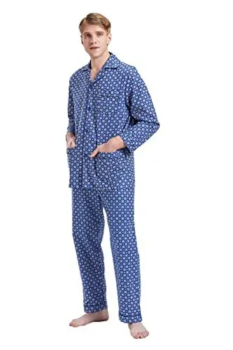 Produktbild: GLOBAL Herren Schlafanzug Flanell | Pyjama Set Lang Baumwolle | Zweiteilige Nachtwäsche Loungewear Schlafanzughose Lang Gummizug und Kordelzug | Dunkelblauer Diamant S