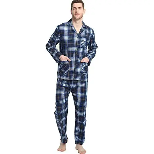 Produktbild: GLOBAL Herren Schlafanzug Flanell | Pyjama Set Lang Baumwolle | Zweiteilige Nachtwäsche Loungewear Schlafanzughose Lang Mit Gummizug Und Kordelzug | Dunkelblaues Plaid M
