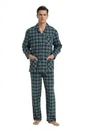 Produktbild: GLOBAL Herren Schlafanzug Flanell | Herren Pyjama Set Lang Baumwolle | Herren Zweiteilige Nachtwäsche Loungewear Schlafanzughose Lang Gummizug und Kordelzug| Grün und Schwarz Kariert L