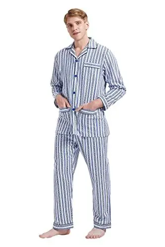 Produktbild: GLOBAL Herren Schlafanzug Flanell | Pyjama Set Lang Baumwolle | Zweiteilige Nachtwäsche Loungewear Schlafanzughose Lang Gummizug und Kordelzug | Neuer Blauer Streifen M