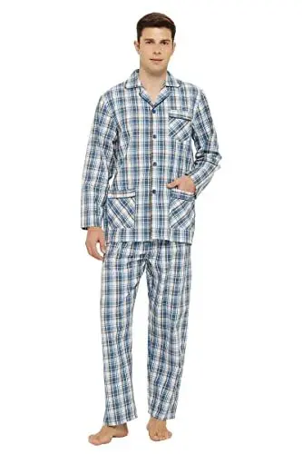 Produktbild: GLOBAL Herren Schlafanzug Lang Baumwolle Pyjama Set Zweiteiliger Nachtwäsche Langarm Shirt V Ausschnitt Taschen Knopfleiste Loungehose Band Nightwear Braun Blau Plaid M