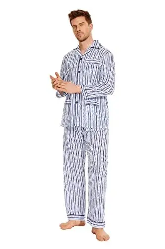 Produktbild: GLOBAL Herren Schlafanzug Lang Baumwolle Pyjama Set Zweiteiliger Nachtwäsche Langarm Shirt V Ausschnitt Taschen Knopfleiste Loungehose Band Nightwear Dunkelblaue Streifen M