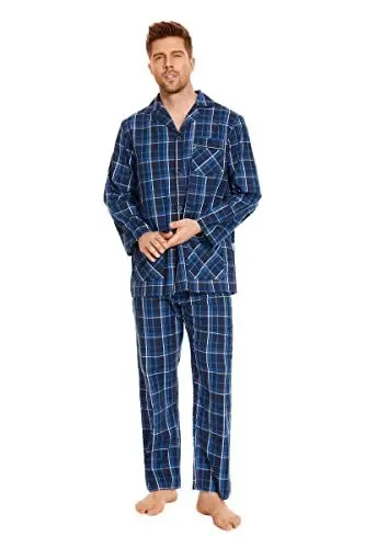 Produktbild: GLOBAL Herren Schlafanzug Lang Zweiteiliger' Pyjamaset Baumwolle Button Down Nachtwäsche Herren Pjs Set Oberteil & Hose Loungewear Nightwear Set Blau Schwarz Kariert M
