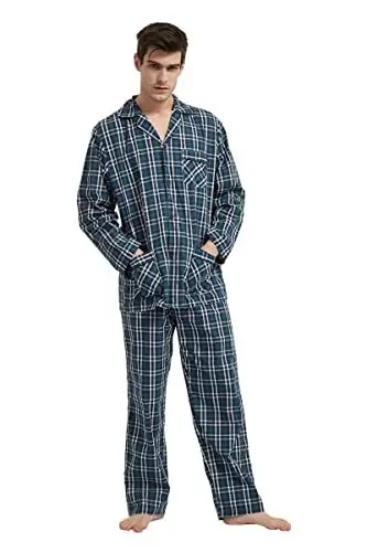 Produktbild: GLOBAL Herren Schlafanzug Lang Zweiteiliger' Pyjamaset Baumwolle Button Down Nachtwäsche Herren Pjs Set Oberteil & Hose Loungewear Nightwear Set Grünes Schwarzes Gitter M