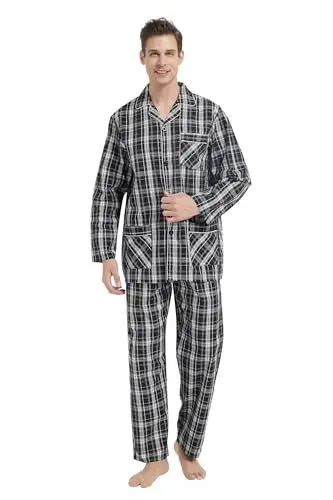 Produktbild: GLOBAL Herren Schlafanzug Lang Zweiteiliger' Pyjamaset Baumwolle Button Down Nachtwäsche Herren Pjs Set Oberteil & Hose Loungewear Nightwear Set Schwarz Kariert,L