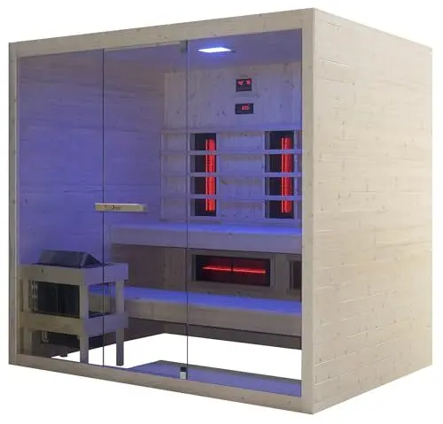 Produktbild: GLOBAL RELAX® | DHARANI Combi Infrarot- und Dampfsauna für bis zu 4 oder 5 Personen | Fichte I einstellbare Temperatur I LED I Infrarot 1500 W + Dampf 8000 W I 3D-Sound I entfernt Giftstoffe I