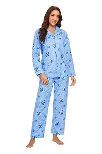 Produktbild: GLOBAL Schlafanzüge Damen Flanell | Baumwolle Damen Pyjama Set | Zweiteiliger Nachtwäsche Damen Pjs Set Lang | Knopfleiste vorne und Kordelzug |Blaue Elegante Blume XL