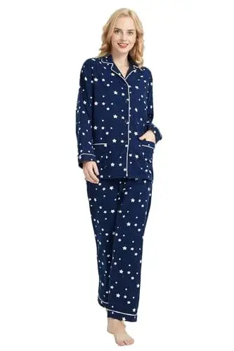 Produktbild: GLOBAL Schlafanzüge Damen Flanell | Baumwolle Damen Pyjama Set | Zweiteiliger Nachtwäsche Damen Pjs Set Lang | Knopfleiste vorne und Kordelzug |Blauer Stern M