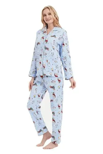 Produktbild: GLOBAL Schlafanzüge Damen Flanell | Baumwolle Damen Pyjama Set | Zweiteiliger Nachtwäsche Damen Pjs Set Lang | Knopfleiste vorne und Kordelzug |Blauer Süßer Hund L