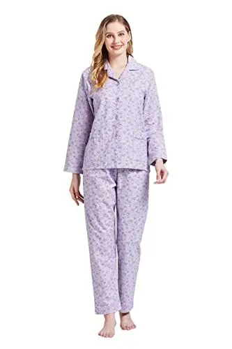 Produktbild: GLOBAL Schlafanzüge Damen Flanell | Baumwolle Damen Pyjama Set | Zweiteiliger Nachtwäsche Damen Pjs Set Lang | Knopfleiste vorne und Kordelzug |Lila Ginkgo Biloba L