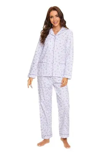 Produktbild: GLOBAL Schlafanzüge Damen Flanell | Baumwolle Damen Pyjama Set | Zweiteiliger Nachtwäsche Damen Pjs Set Lang | Knopfleiste vorne und Kordelzug |Lila süße Blumen XL