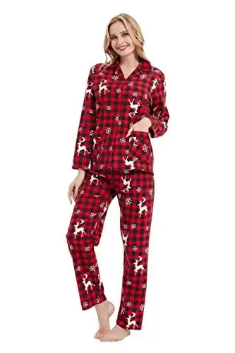 Produktbild: GLOBAL Schlafanzüge Damen Flanell | Baumwolle Damen Pyjama Set | Zweiteiliger Nachtwäsche Damen Pjs Set Lang | Knopfleiste vorne und Kordelzug |Weihnachts Rotes Plaid L