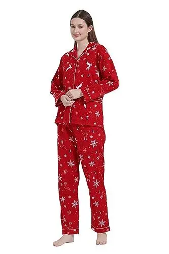 Produktbild: GLOBAL Schlafanzüge Damen Flanell | Baumwolle Damen Pyjama Set | Zweiteiliger Nachtwäsche Damen Pjs Set Lang | Knopfleiste vorne und Kordelzug | Rot,Rentie S