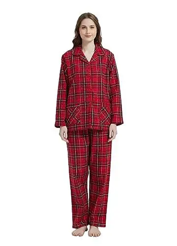 Produktbild: GLOBAL Schlafanzüge Damen Flanell | Baumwolle Damen Pyjama Set | Zweiteiliger Nachtwäsche Damen Pjs Set Lang | Knopfleiste vorne und Kordelzug | Rot/Weiß/Schwarz, Kariert L