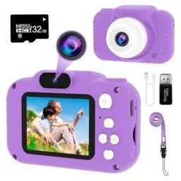 Produktbild: GlobalCrown Kinderkamera,Mini wiederaufladbare Kinder Digitalkamera,Video Camcorder Geschenke für Jungen Mädchen 3~9 Jahre,12MP HD Video Dual Objektiv Selfie Kamera Spielzeug (32GB Karte enthalten)