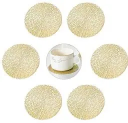 Produktbild: GlobalDream Untersetzer Teller, 6 Stück Untersetzer Gläser Tischset Rund Vinyl Hohl Platzsets Abwischbar PVC Tischuntersetzer für Küche, Zuhause, Speisetisch (Gold, 10cm)