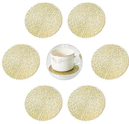 Produktbild: GlobalDream Untersetzer Teller, 6 Stück Untersetzer Gläser Tischset Rund Vinyl Hohl Platzsets Abwischbar PVC Tischuntersetzer für Küche, Zuhause, Speisetisch (Gold, 10cm)