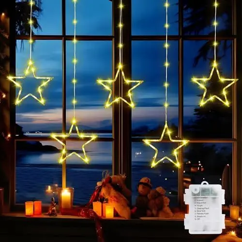 Produktbild: GlobaLink 5 Sterne Lichtervorhang Fenster,1.2M+1M Sternenvorhang Batterie, IP65 Outdoor Weihnachtsbeleuchtung mit Timer Funktion,8 Modi Weihnachtsdeko Sterne für Weihnachten, Fenster(Warmweiß)