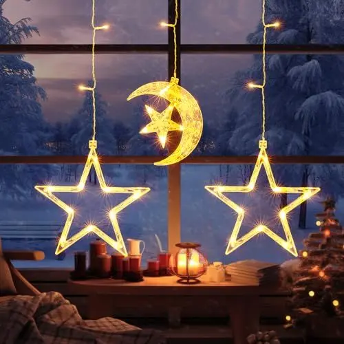 Produktbild: GlobaLink Sternenmond Lichtervorhang, Sternenvorhang 43LEDs Weihnachtsdeko Fenster 8 Modi mit Timer batteriebetrieben für Kinderzimmer Hochzeit