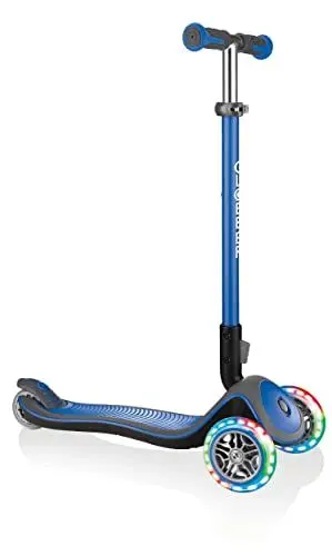 Produktbild: GLOBBER Elite Deluxe Lights – Tretroller Kinder, 120/80 mm, ABEC 5, 3-rädrig, höhenverstellbar, LED-Rollen, dunkelblau