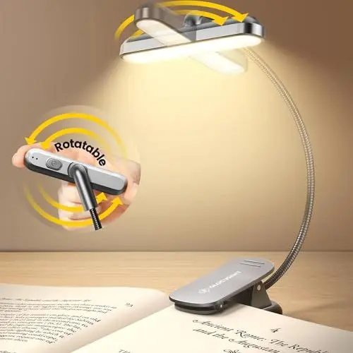 Produktbild: Glocusent Drehbare Leselampe Buch Klemme, 22 LEDs Zweireihig mit Timer, Stufenlose Dimmung & Farbanpassung, 1000 mAh Wiederaufladbare Buchlampe für bis zu 100 Stunden, Ideal für Buchliebhaber