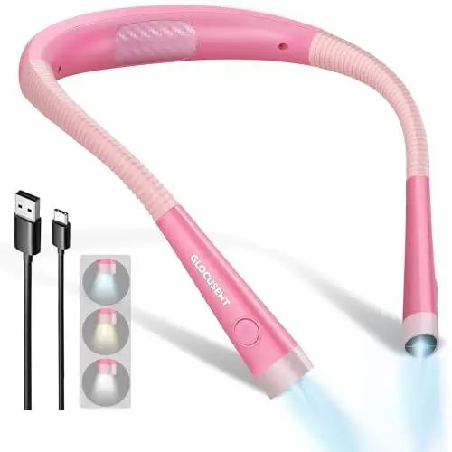 Produktbild: Glocusent Leselampe Hals, Leselampe Bett mit 3 Farben & 6Helligkeitsstufen, Buchlampe Wiederaufladbar 80 Stunden Dauer, Biegbare Arme, Leselicht Halslampe für Lesen Stricken Häkeln Nähen Reparieren