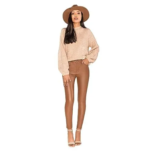 Produktbild: Glook Hochwertige Damenhosen, Glatte Damen Hose, Frauen Kunstlederhose, PU Lederhose Jean (34, Kamel)