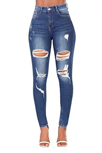 Produktbild: Glook Skinny Jeans Damen High Waist Stretch Hose | Slim Fit Jeans mit hohem Bund und Po-Pushup Effekt | Damen Jeans Stretch Hose (44, Zerrissene Jeans)