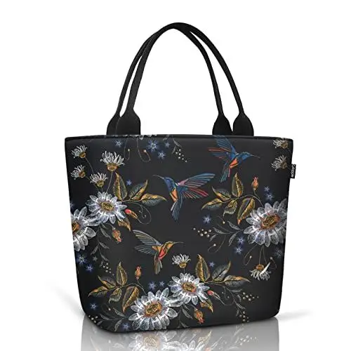 Produktbild: Gloppie Isolierte Kühltasche Lunchtasche für Frauen, 9L Große Kühlbox Tragbare Lebensmittel-Tragetasche, Kolibri Muster & Schwarze