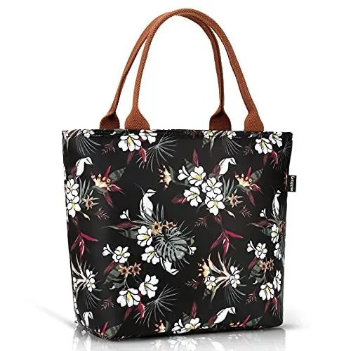 Produktbild: Gloppie Lunch-Tasche für Frauen, isolierte Lunch-Tasche, große Kühlbox, tragbare Lebensmittel-Tragetasche, Geschirr, Groß, weiße blumen