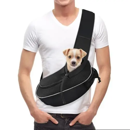 Produktbild: Gloppie Transporttasche mit Schultergurt für Hunde und Katzen, freihändige Reisetasche für Welpen, Haustiere, mit weichem Netz und zusätzlichen Taschen, Schwarz