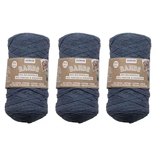 Produktbild: GLOREX 5 1005 51 - 3er Set Bands Makramee aus 60 % Baumwolle & 40 % Viskose, je 250 g in Blau, ca. 125 m superweiches Textilgarn